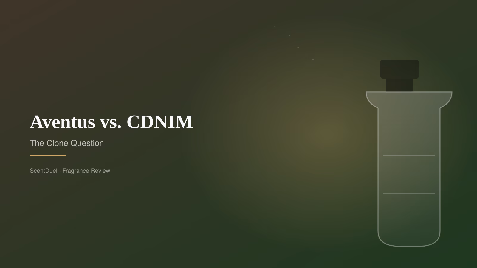 Two illustrated bottle silhouettes side by side — Creed Aventus on the left in dark amber, Armaf Club de Nuit on the right in dark green — representing the original vs. clone comparison.