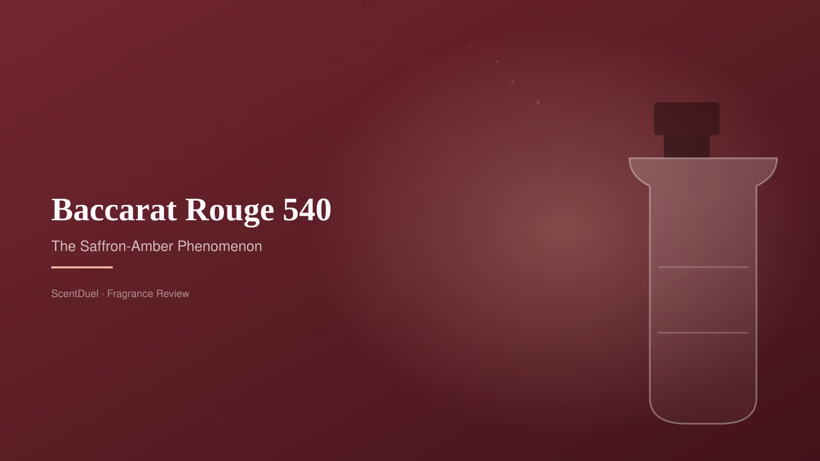 Illustrated bottle silhouette of Baccarat Rouge 540 against a deep crimson-amber gradient, evoking the saffron-amber-oud composition.