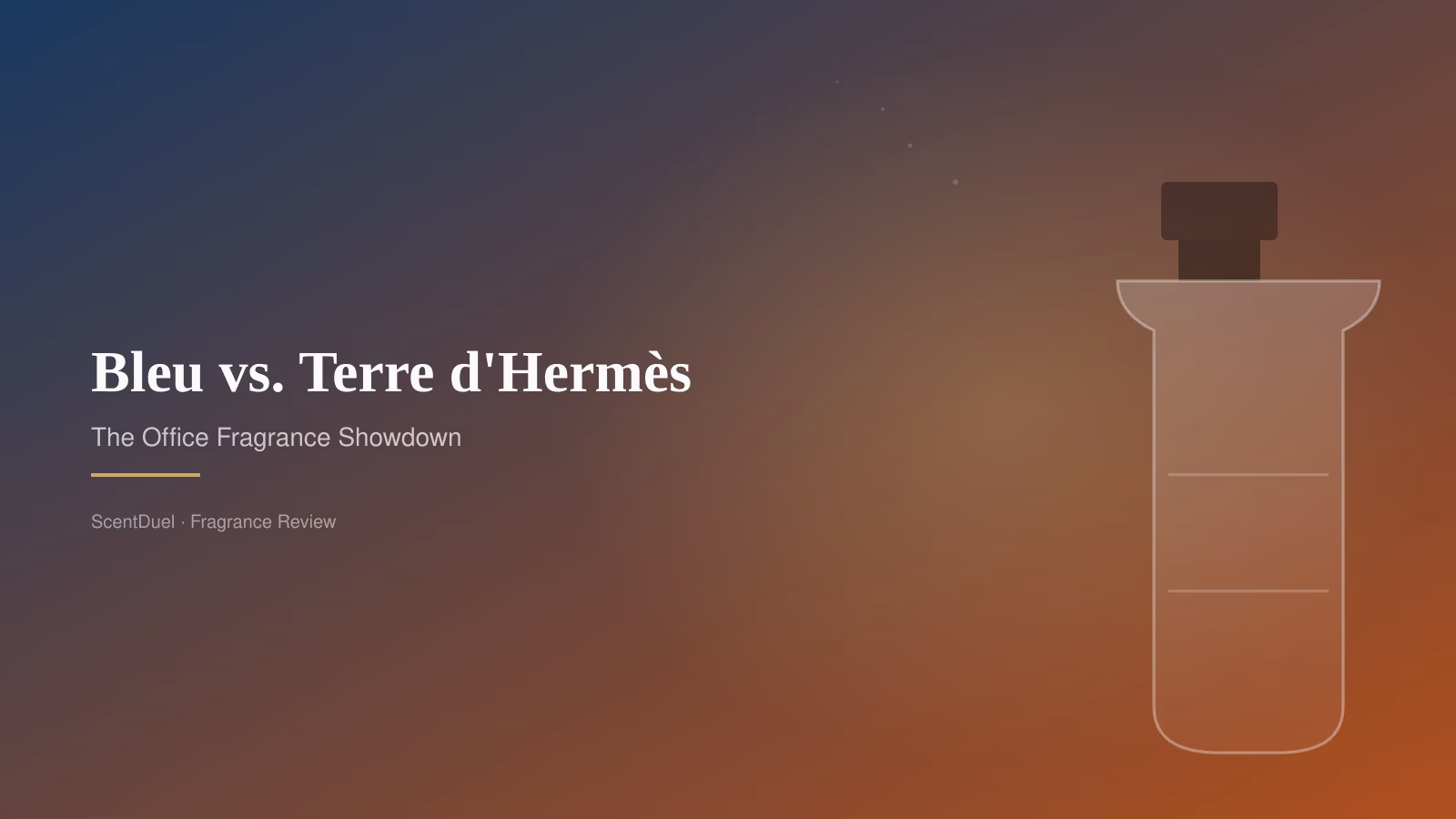 Two illustrated bottle silhouettes side by side — Bleu de Chanel on the left in deep blue, Terre d'Hermès on the right in warm orange — representing the office fragrance showdown.